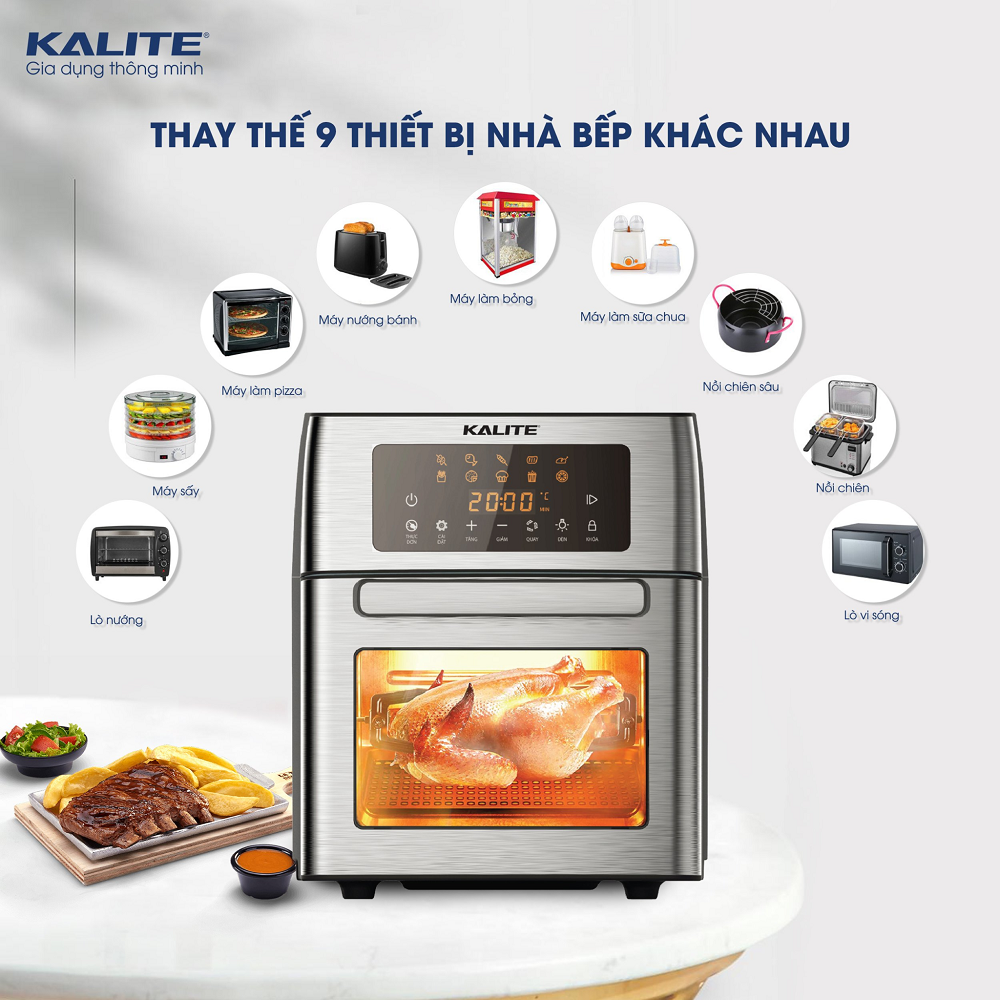 Nồi chiên không dầu Kalite KL 1500, dung tích 15L, công suất 1700W, dải nhiệt 40-200 độ, bộ phụ kiện xiên quay, giỏ lồng quay đa dạng, setup sẵn 10 chức năng nấu, hàng chính hãng