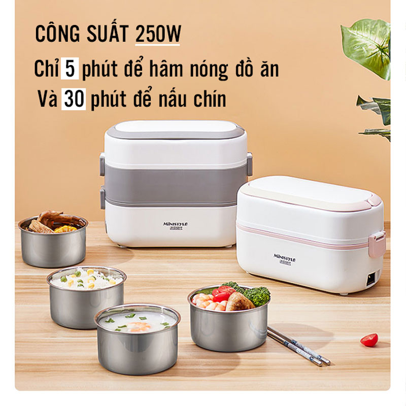 Hình ảnh Hộp Cơm Văn Phòng Cắm Điện 3 Tầng Hộp Cơm Cắm Điện Đa Năng Hâm Nóng Và Tự Nấu Chín Thức Ăn Với 4 Hộp Inox