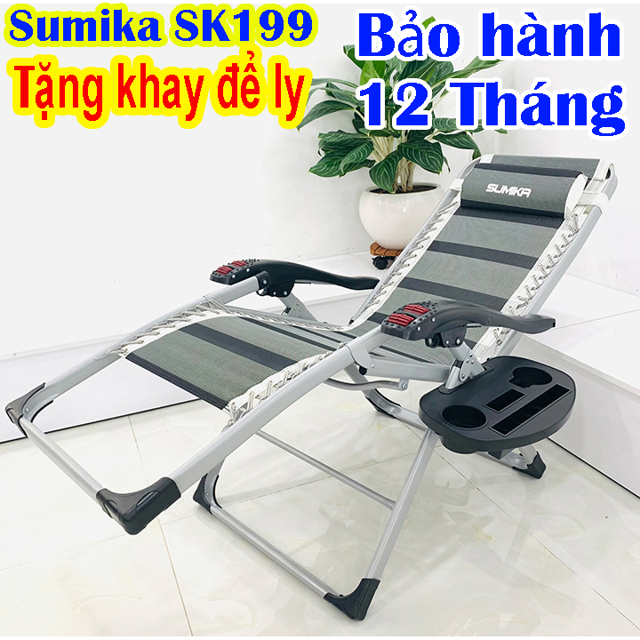 Ghế xếp thư giãn SUMIKA 199 - Khóa Kim loại Bền Bỉ- có lăn tay massage, khung vuông cao cấp, tải trọng 300kg - Tặng Kèm Khay + Gối - Luôn Có Phụ Kiện Thay Thế