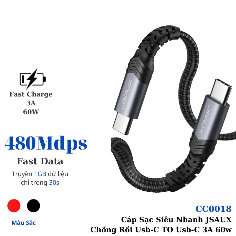 Cáp Sạc Siêu Nhanh 60w Type C sang Type C Dây Dẹp Chống Rối CC0018 JSAUX – Hỗ trợ sạc nhanh lên đến 3A / 60W - Tốc độ truyền 480Mbps - Hàng chính hãng