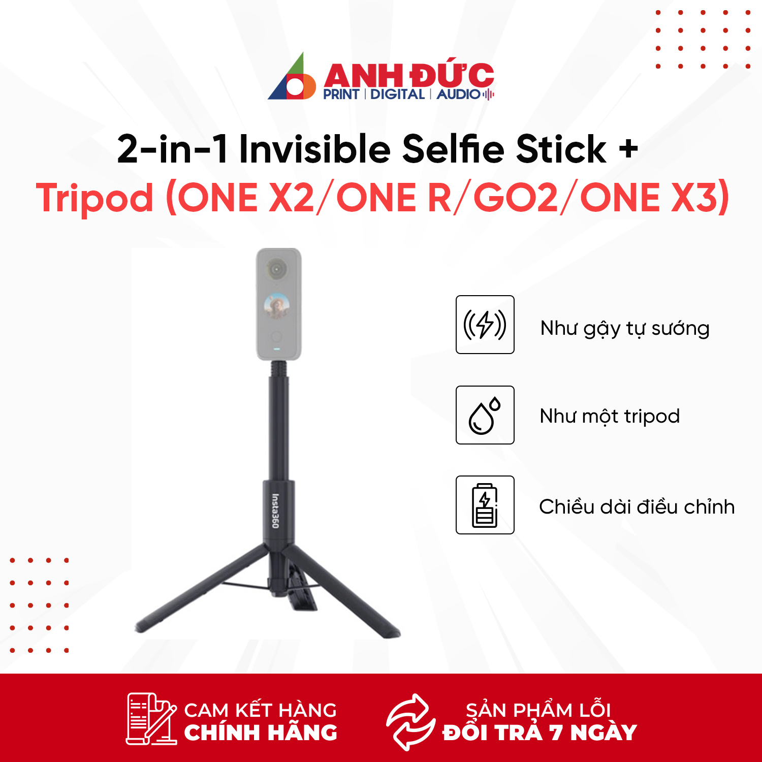 Gậy Tự Sướng Insta360 2 in 1 Invisible Selfie Stick + Tripod for Go2, One X2, One R, One X, One X3 - Hàng Chính Hãng