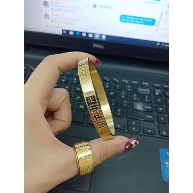 Vòng tay titan bát nhã tâm kinh màu vàng cao cấp hình tròn ni 50mm cầu bình an mang may mắn - có hạt huyết áp