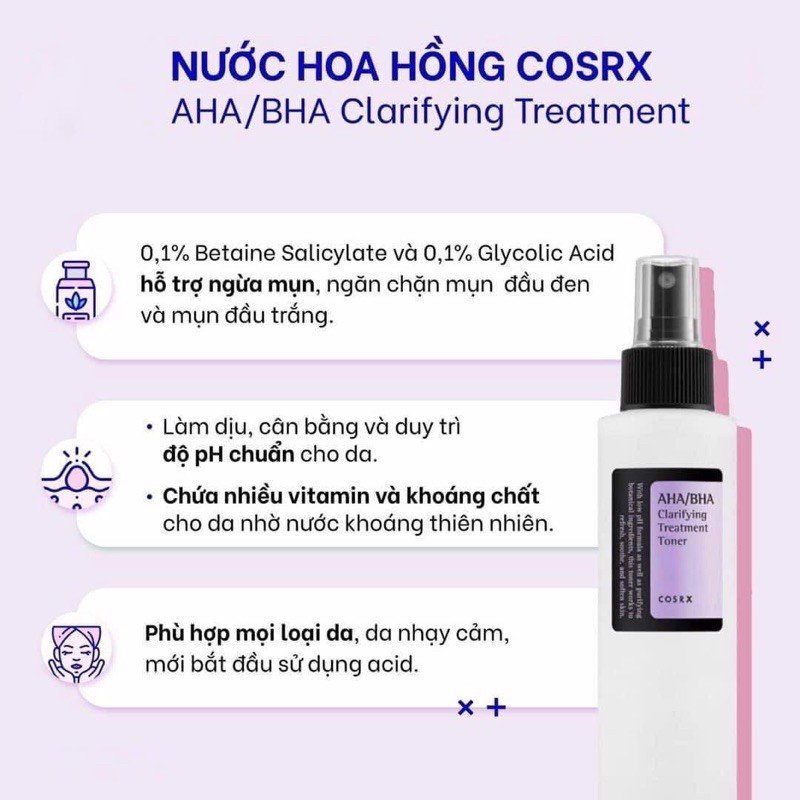 HSD 2023 Nước Hoa Hồng Cosrx AHA/BHA Clarifying Treatment Toner Làm Sạch Da 150ml