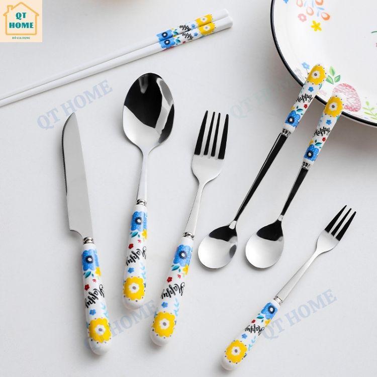 Thìa Muỗng Inox 304 Cán Sứ, Dĩa Nĩa Inox 304, Dao Ăn Inox 304, Đũa Sứ, Họa Tiết Bông Hoa