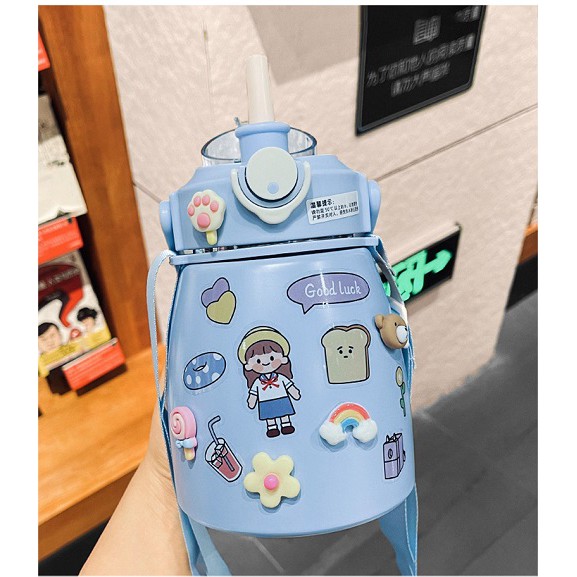 Bình giữ nhiệt 850 ml có ống hút tiện lợi tặng kèm sticker 2d xinh cute