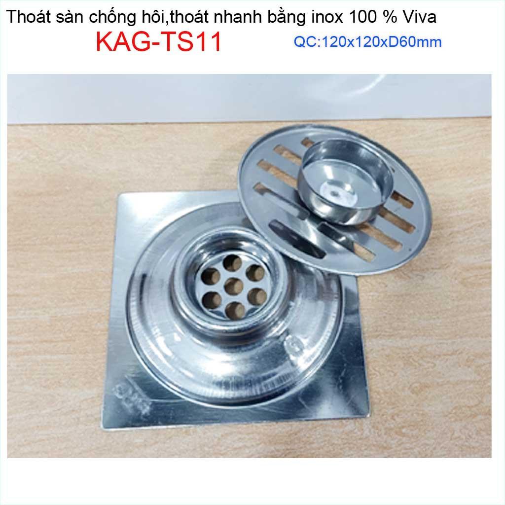 Hố ga thoát sàn inox đúc liền ống 6cm Inox mờ, phễu thoát nước chống hôi D60 vuông 12x12cm KAG-TS11