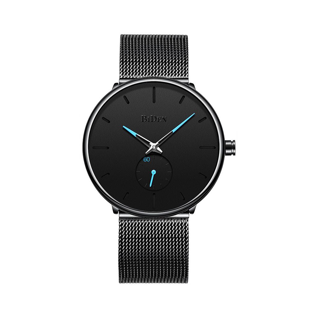 Đồng hồ đeo tay siêu mỏng Mặt số lớn dây lưới tối giản màu đen BIDEN