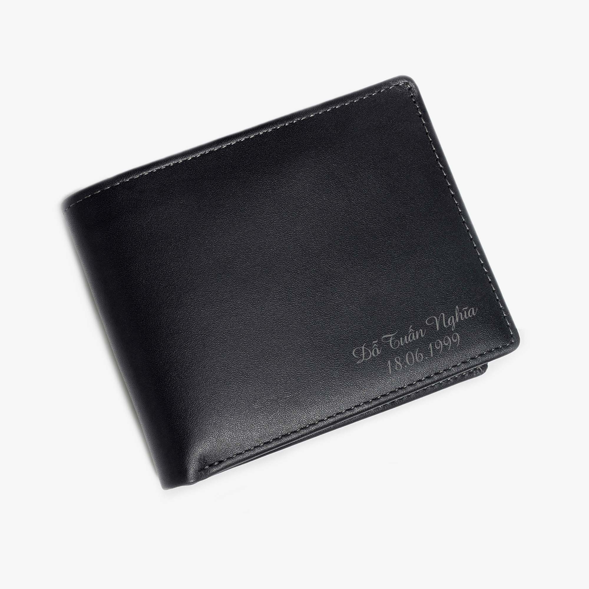 Ví Nam Da Bò Khắc Tên Theo Yêu Cầu V101K - Bụi Leather - Ngang Đen