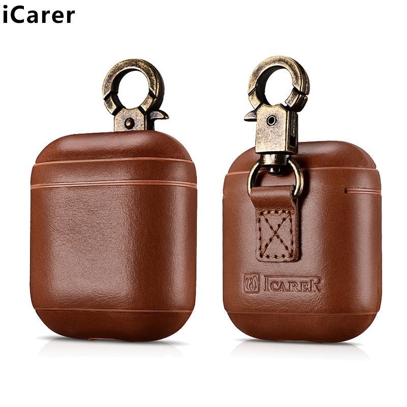 Vỏ bọc bảo vệ hộp sạc tai nghe không dây ICARER da thật có móc treo thích hợp cho Apple Airpods 1/ 2