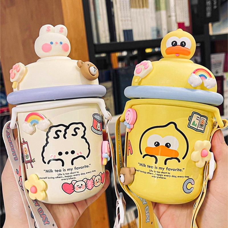 Kawaii Pastel Gấu Giữ Nhiệt Bụng To Cốc Dễ Thương Cho Trẻ Em Bình Giữ Nhiệt Chân Không Thép Không Gỉ Nước Cho Bé Gái Sinh Viên Giữ Nhiệt Màu dây Đeo