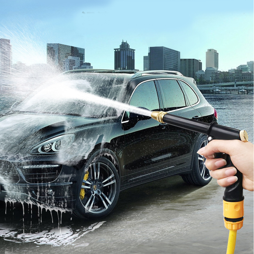 Bộ dây và vòi xịt rửa xe tưới cây tăng áp thông minh 810-2621-1 (dây vàng dẹt-cút nối đen)