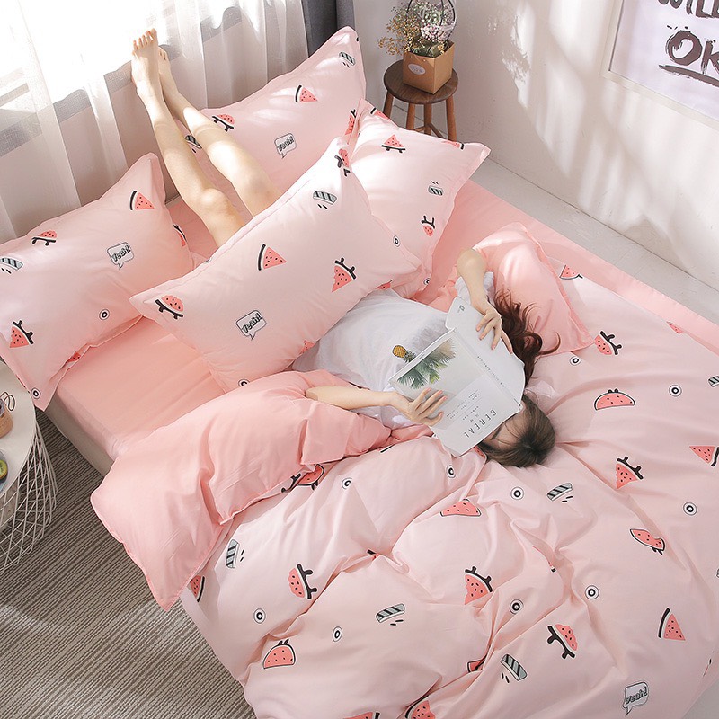 Bộ chăn ga gối cotton LIDACO PL1 - Dưa Hấu Hồng - TẶNG VỎ GỐI ÔM