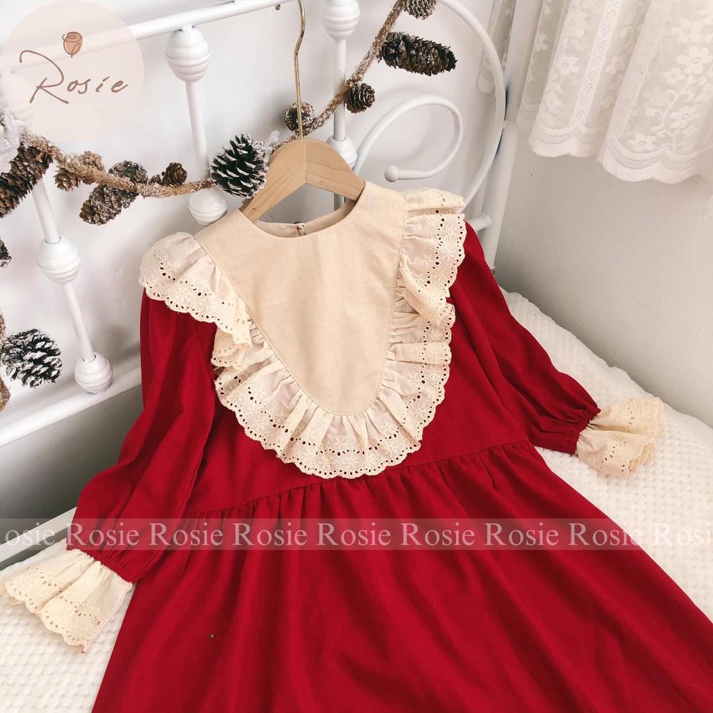 Váy đỏ cổ phối ren ROLIA chất liệu linen mặc tết cho bé gái từ 9-45kg V46