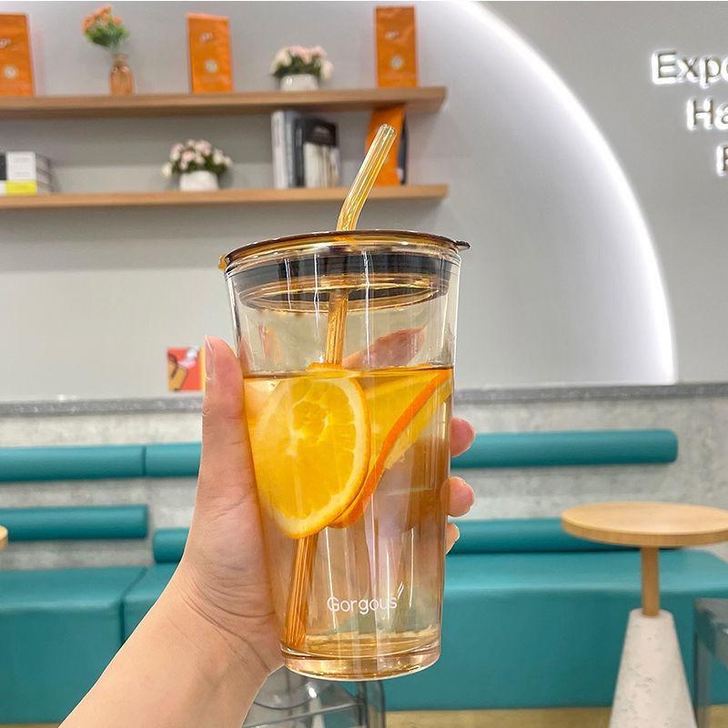 Ly Thủy Tinh Mix Da Size To, Ly Uống Nước Có Quai Xách Mang Đi Sang Trọng Tạng Kèm Ống Hút