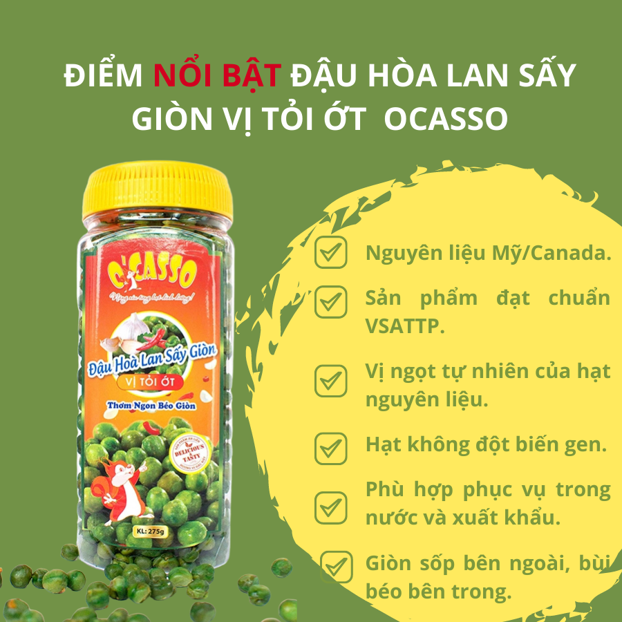 Combo 2 hộp Đậu Hòa Lan Sấy Giòn Vị Tỏi Ớt_Đậu Hòa Lan  Sấy Giòn Vị Muối O'Casso (275g/hộp)