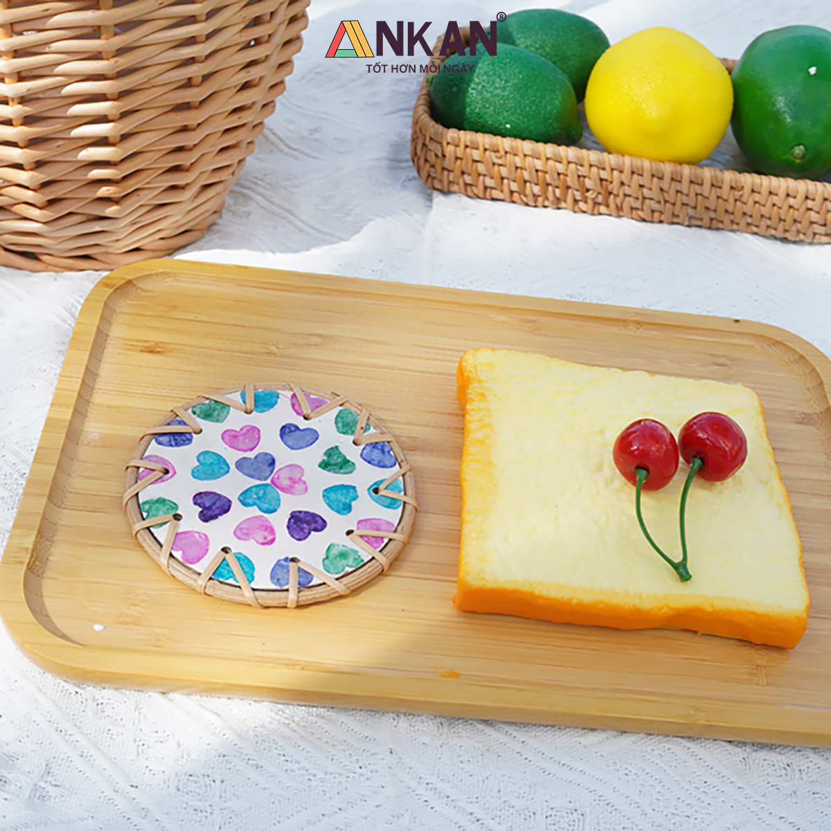 Đế Lót Ly Mây Khảm Trai Tròn ANKAN (10cm) - Lót Cốc Thủ Công Mỹ Nghệ Decor Bàn Ăn, Chụp Ảnh Sang Trọng - Hàng Xuất Khẩu