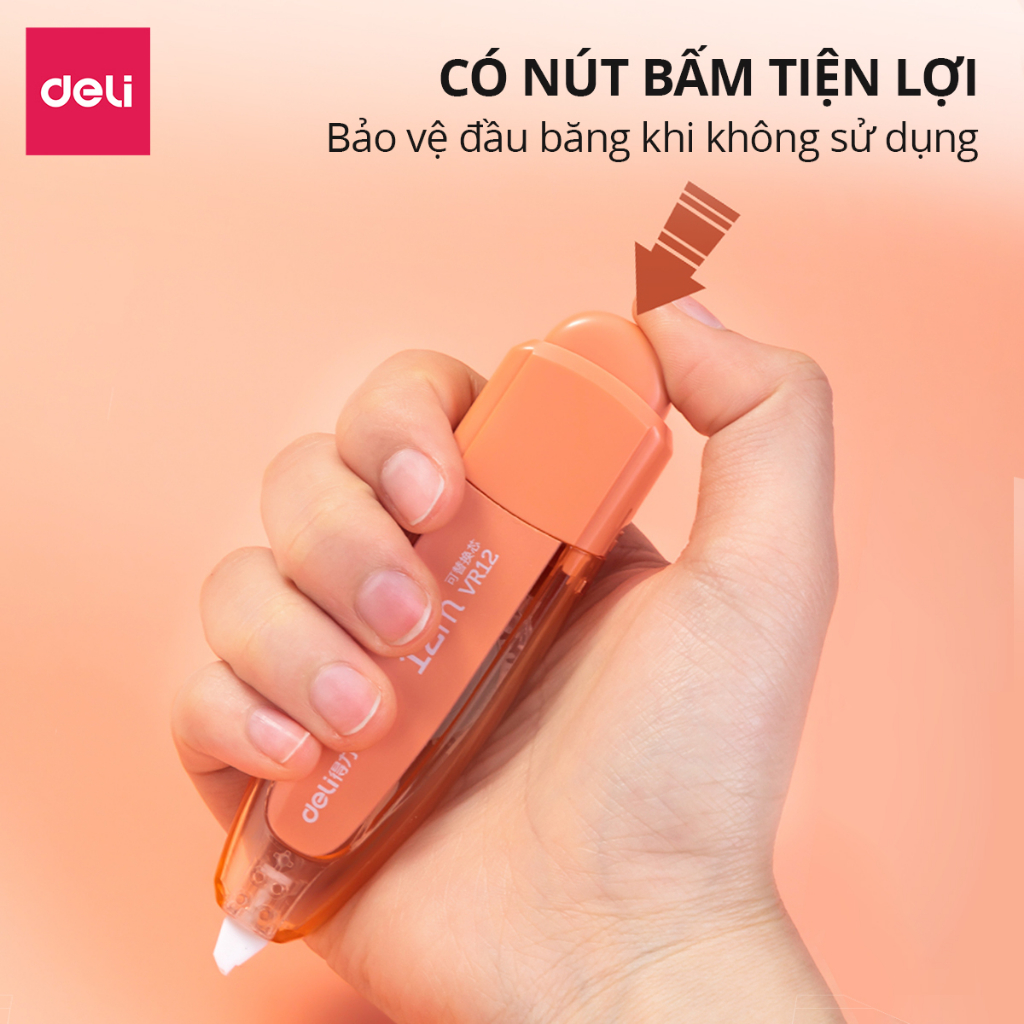 Bút Xóa Băng Có Nút Bấm 12m Có Thay Thế Lõi Deli - Xóa Sạch Phủ Kín Khô Nhanh Có Thể Viết Đè Lên Ngay - Băng Kéo Cho Học Sinh, Văn Phòng