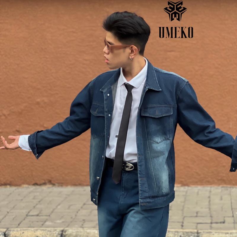 UMEKO Set Denim On Denim Gồm Áo Khoác Jacket Jean Tay Dài Và Quần Jean Form Suông Ống Rộng Thời Trang Y2K Retro Basic