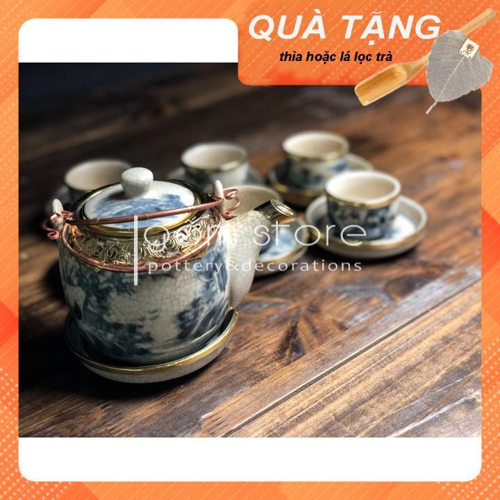 Ấm chén Bát Tràng men rạn giả cổ dáng vại bọc đồng, tặng kèm muỗng gỗ pha trà