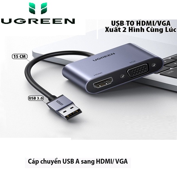 Cáp chuyển đổi USB 3.0 sang HDMI + VGA 1080P/60Hz Ugreen 20518 cao cấp hàng chính hãng