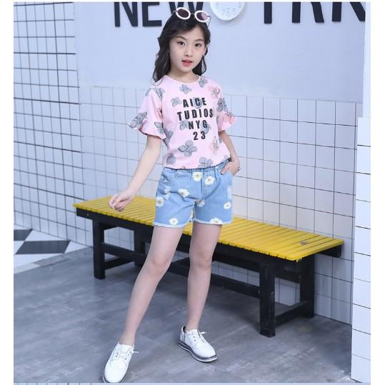 Set bộ áo thun và quần jean cho bé gái đi chơi dự tiệc phong cách Hàn Quốc từ 13-38kg BBG010