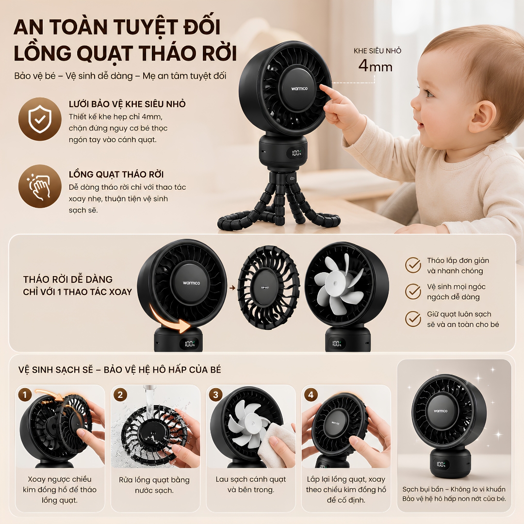 Quạt Kẹp Đa Năng Chân Bạch Tuộc Linh Hoạt WARMCO PORTABLE STROLLER FAN • Pin 4000mAh • Gió Gentle Breeze Dịu Nhẹ • 4 Cấp Độ Gió • LED Hiển Thị • Vận Hành 35dB • Lồng Quạt Tháo Rời - Hàng nhập khẩu