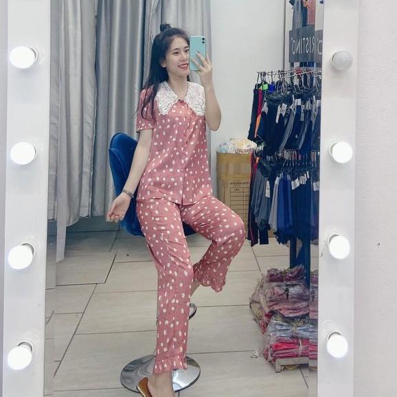 Bộ đồ PYJAMA Lụa mặc nhà_ Set áo cộc quần dài cổ ren tiểu thư nữ tính phối họa tiết hoa nhí dễ thương