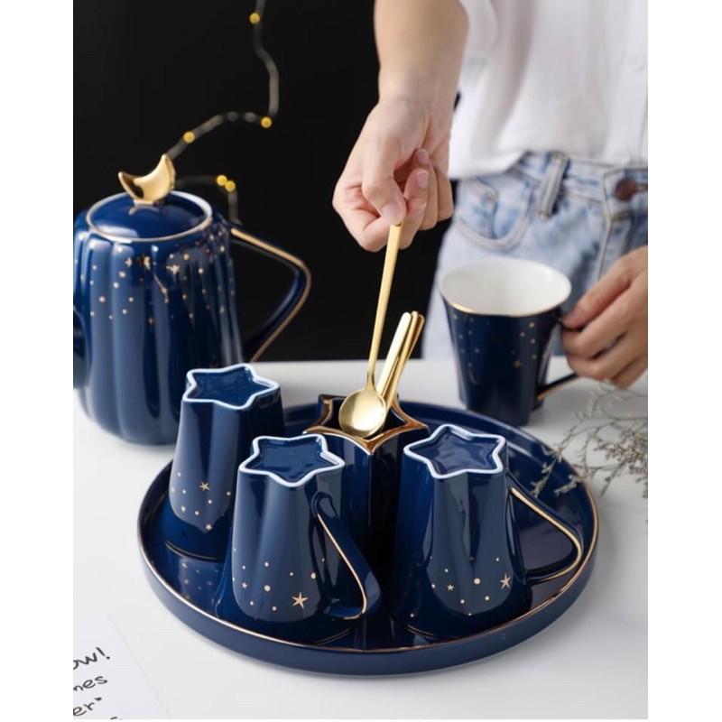 Bộ ấm chén sứ cao cấp Starry sky and moonlight ,bình trà sứ mạ vàng chi tiết