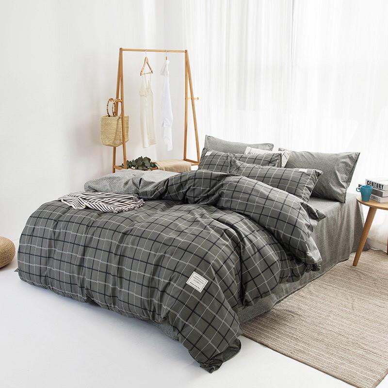 Bộ chăn ga Cotton Poly kẻ ô xám - Hàng nhập khẩu