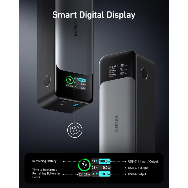 Pin Sạc Dự Phòng Anker 737 PowerCore 1A1C 140W 24000mah A1289 USB-A và Type-C - Hàng Chính Hãng