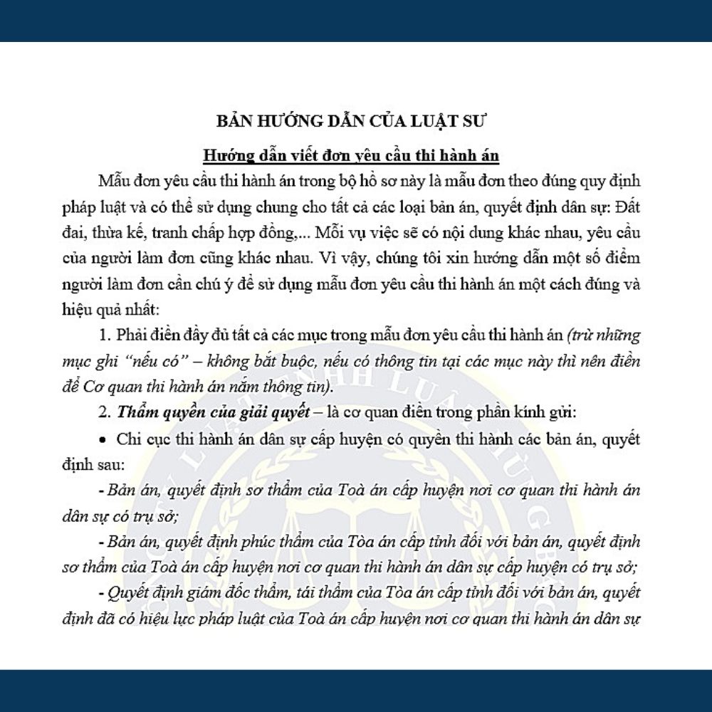 Mẫu đơn yêu cầu thi hành án + tài liệu hướng dẫn viết đơn, hướng dẫn thực hiện của Luật sư