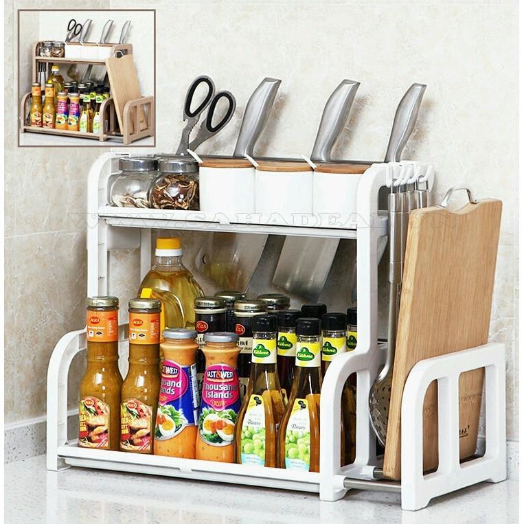 Kệ gia vị 2 tầng chữ h có chỗ để thớt .
