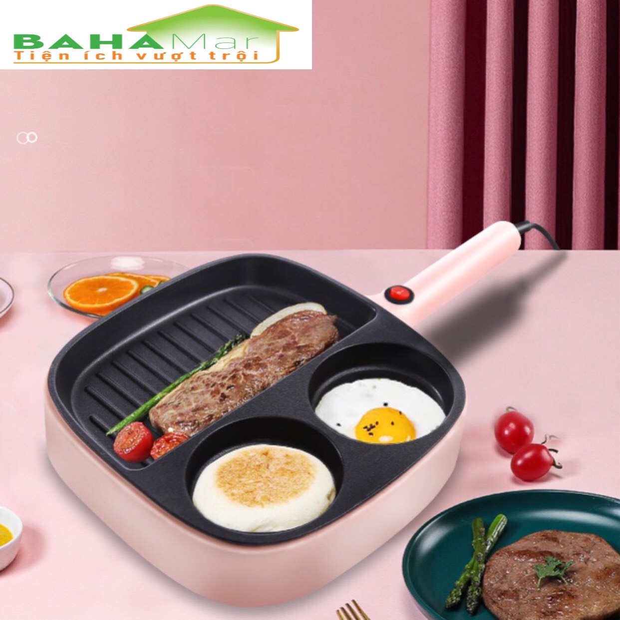 CHẢO ĐÁ ĐIỆN MINI CHỐNG DÍNH CHIA 3 NGĂN TIỆN SỬ DỤNG CHO BẾP "BAHAMAR" Chảo chia 3 ngăn, 2 ngăn tròn làm bánh, ngăn to dùng chiên, xào tiện lợi.