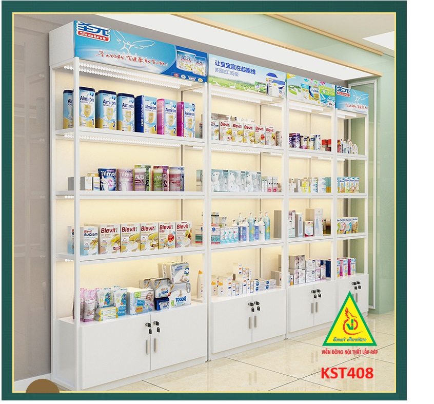 Kệ trưng bày sản phẩm, hàng hóa , kệ trang trí khung sắt mặt gỗ KST408 - Nội thất lắp ráp Viễn Đông Adv