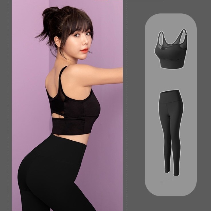 Bộ đồ tập gym, yoga 2 món gồm áo croptop có mút đệm và quần siêu co giãn, tôn dáng, nâng mông