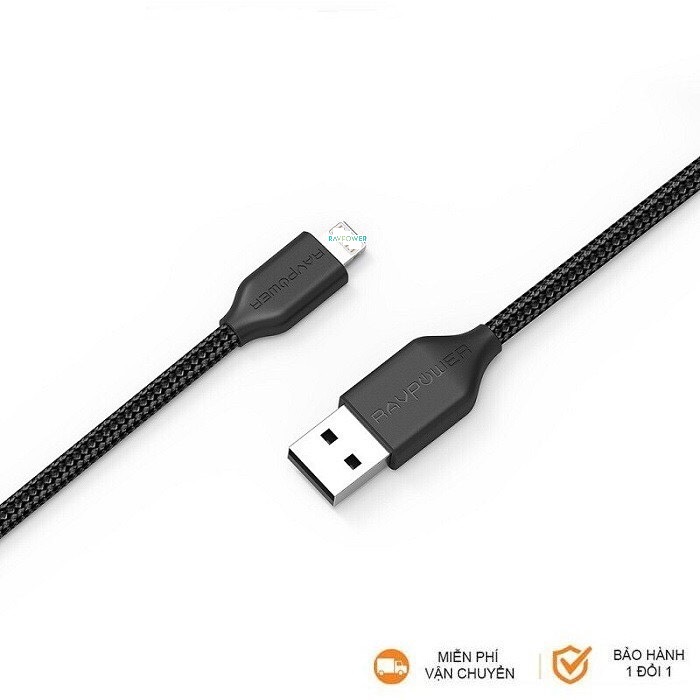 Cáp Sạc USB to Light ning RAVPower RP-CB019 Dài 1m, Chứng Nhận MFI, Sợi Nylon, Chất liệu lõi sợi Kevlar Cao Cấp, Sạc Nhanh