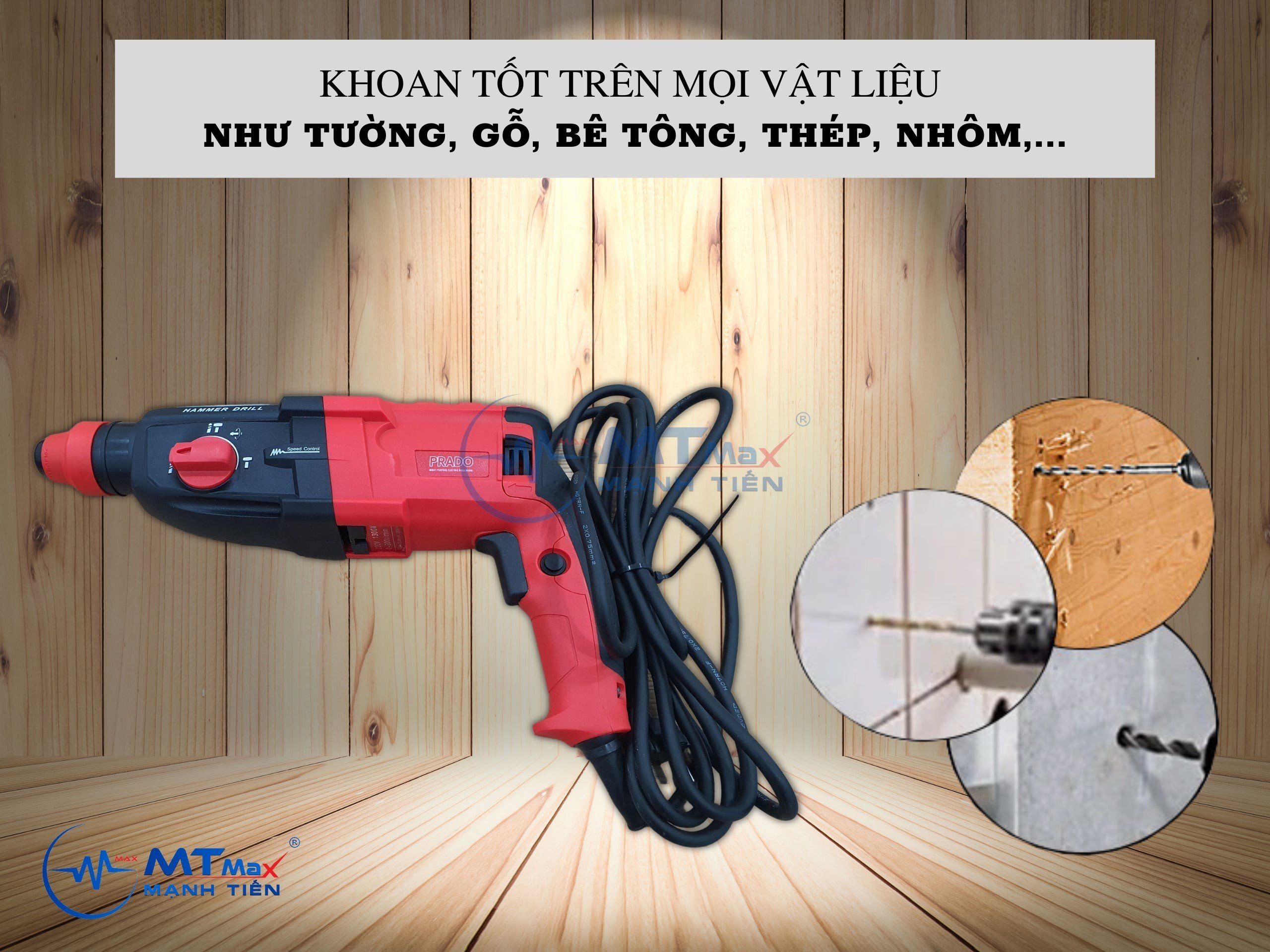 Máy Khoan Bê Tông 3 chức năng PRADO 1300W - Tặng đầu chuyển nhanh-Máy khoan thích hợp nhiều chất liệu tường