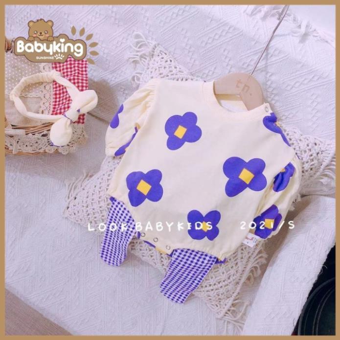 Áo liền quần dài tay hình bông quần ca rô cho bé gái , quần áo trẻ em cao cấp, thương hiệu Aiueo Nhật Bản.