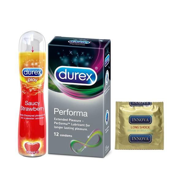 Bộ sản phẩm DUREX gồm Bao cao su Durex Performa 12 bao / hộp + Gel bôi trơn Durex Play Strawberry 100ml / chai + Tặng 1 Bao cao su INNOVA Siêu gai