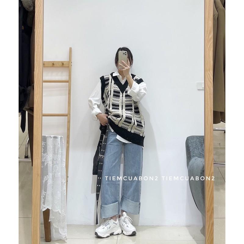 Áo gile kẻ ô vuông dáng rộng mix đồ xinh