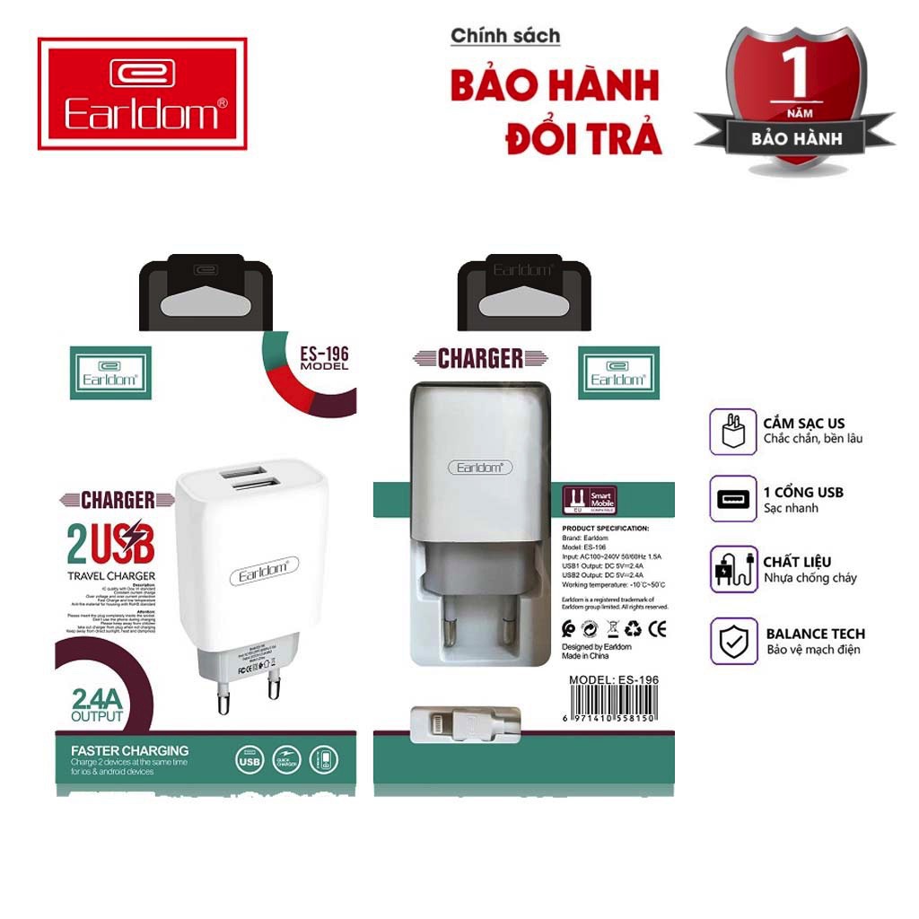 Củ sạc nhanh 5V/2.4A ES Earldom-196, 2 cổng USB dùng cho điện thoại di động, máy tính bảng, hàng chính hãng bh 1 năm