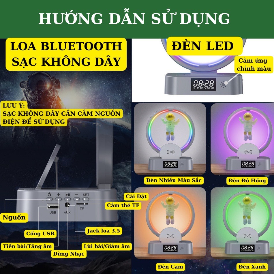 Đèn loa phi hành gia treo lơ lửng kèm sạc không dây , đồng hồ , đèn led nghe nhạc dercor cho mọi không gian làm quà tặng