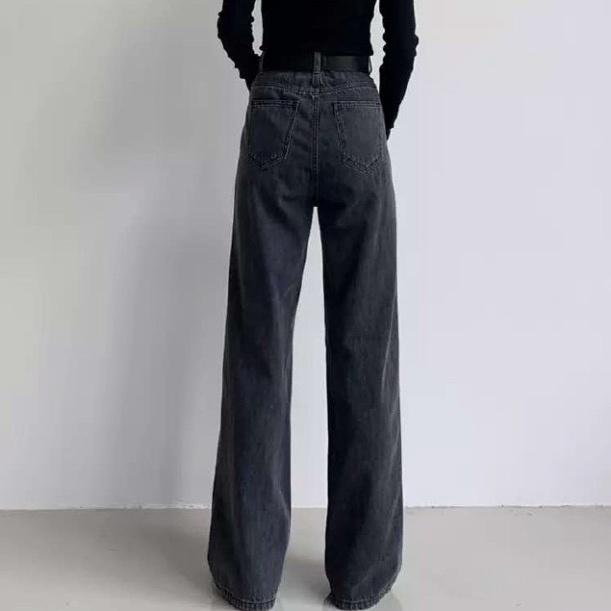 Quần Jeans Ống Rộng QJ002 / Ống Suông Lưng Cao Qua Rốn BigSize - Không Giãn - XÁM TRƠN / XÁM RÁCH 1 GỐI