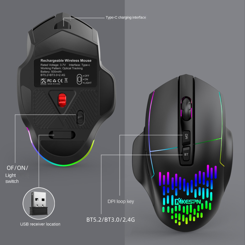 Chuột led gaming không dây X11 -  Bluetooth + Usb Wireless 2.4G - Pin sạc cổng typeC - Chống ồn - chống mỏi cổ tay - Hàng nhập khẩu