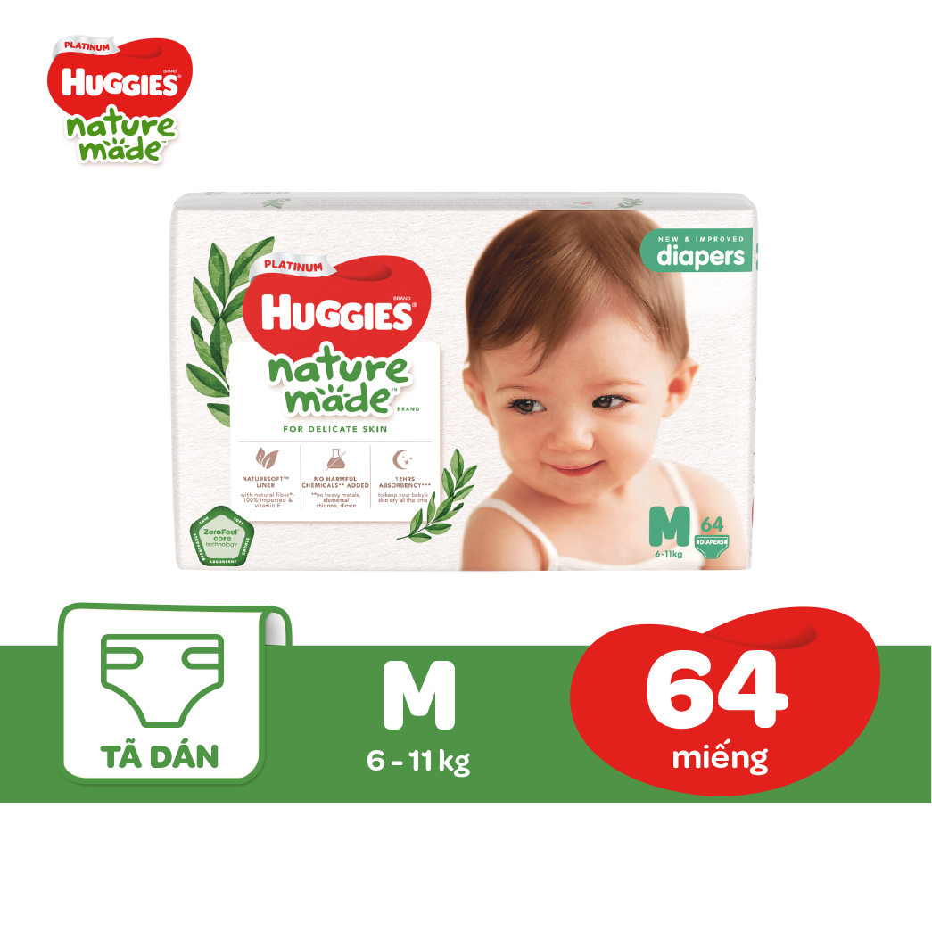 Tã Dán Siêu Cao Cấp Huggies Platinum Naturemade M64 (64 Miếng)