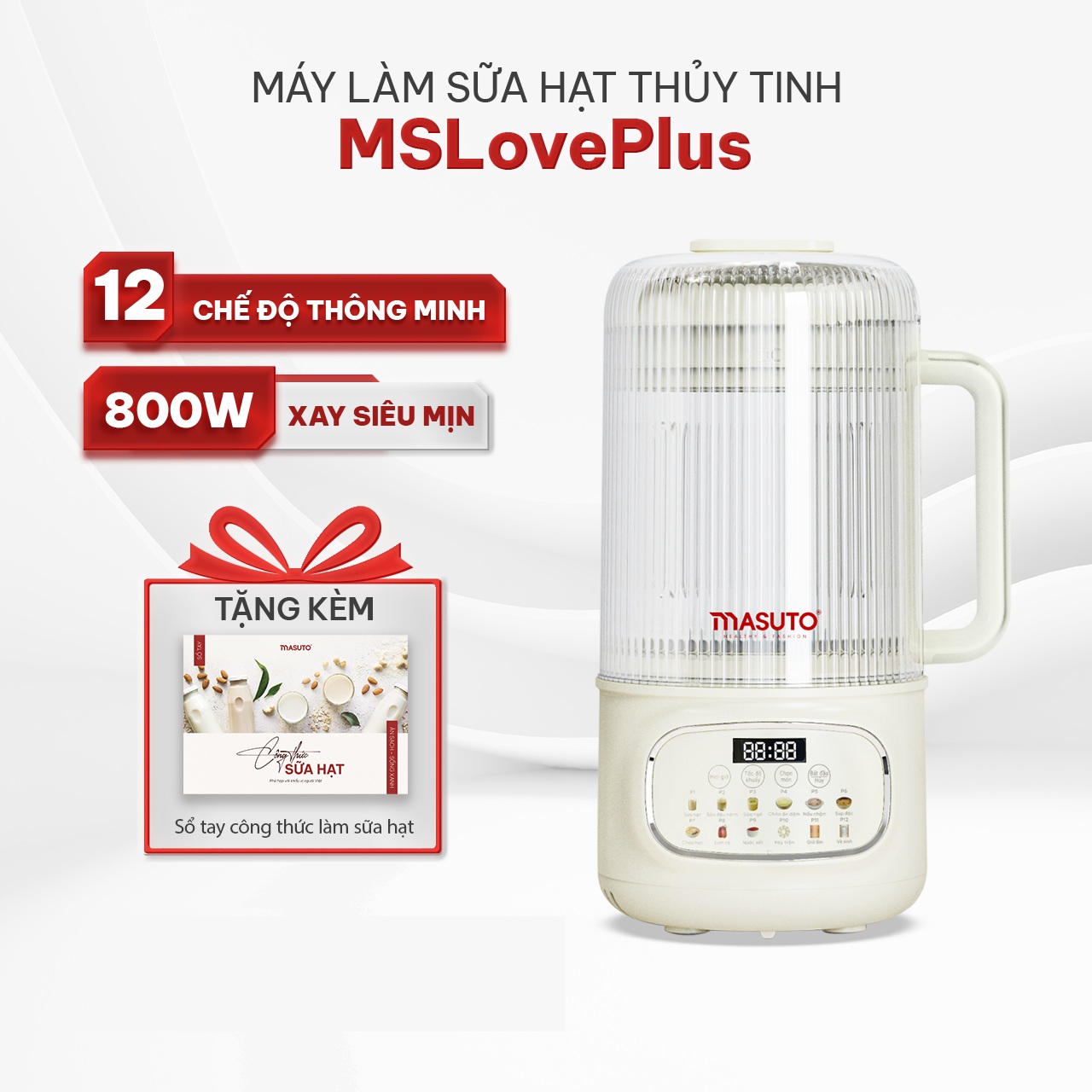 Máy làm sữa hạt thủy tinh chống ồn Masuto MS Love Plus dung tích 1,2L có hẹn giờ 12 chế độ nấu - Hàng chính hãng