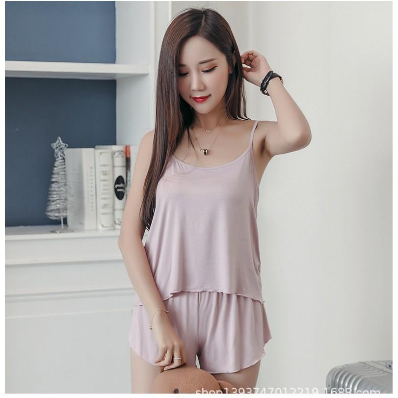 Bộ ngủ nữ, bộ đồ mặc nhà 2 dây thun cotton mềm siêu mát B2D839