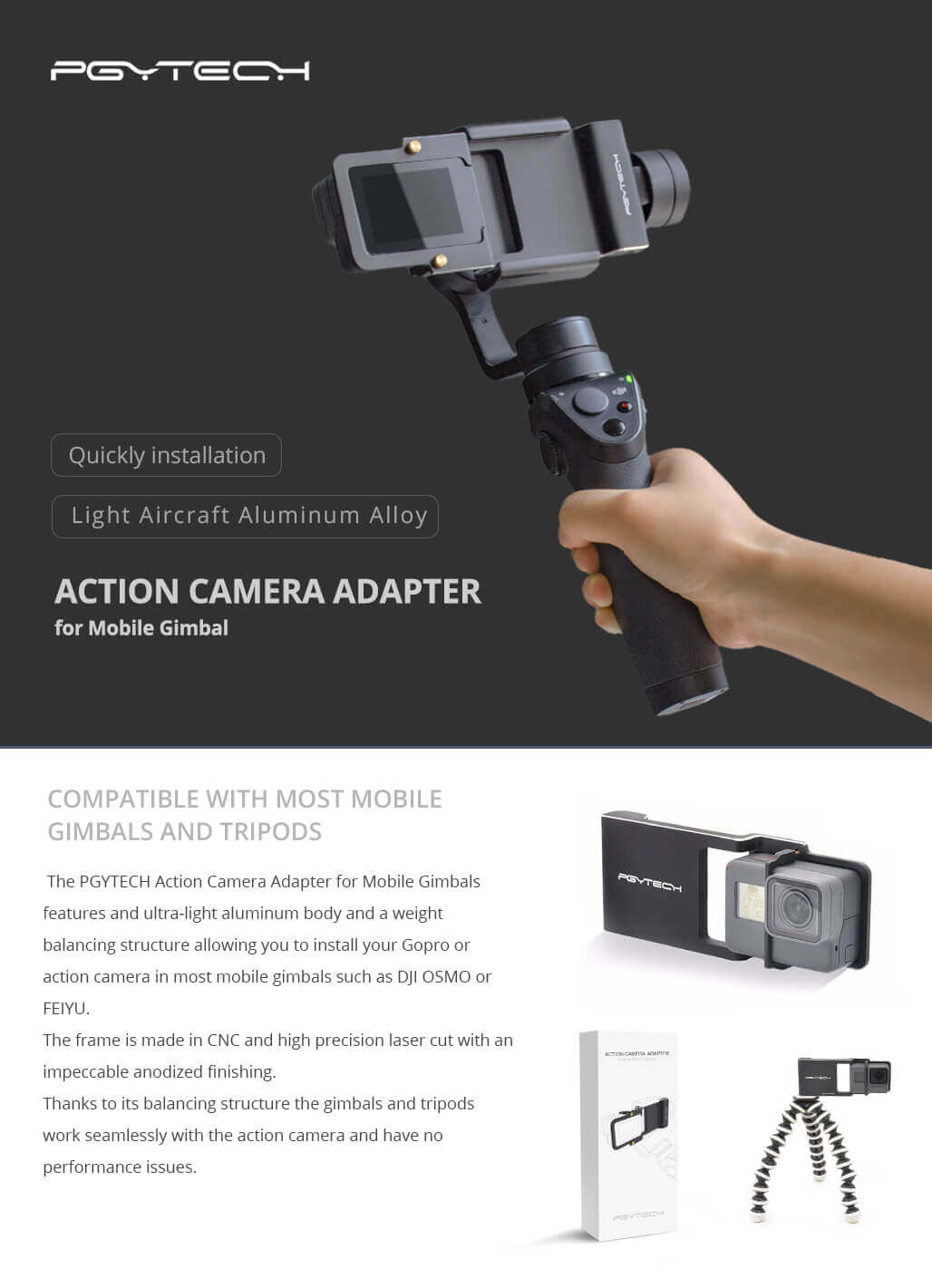 Bộ gắn Action Camera kết hợp Gimbal – Action Camera Adapter For Mobile Gimbal – Hàng chính hãng PGYtech