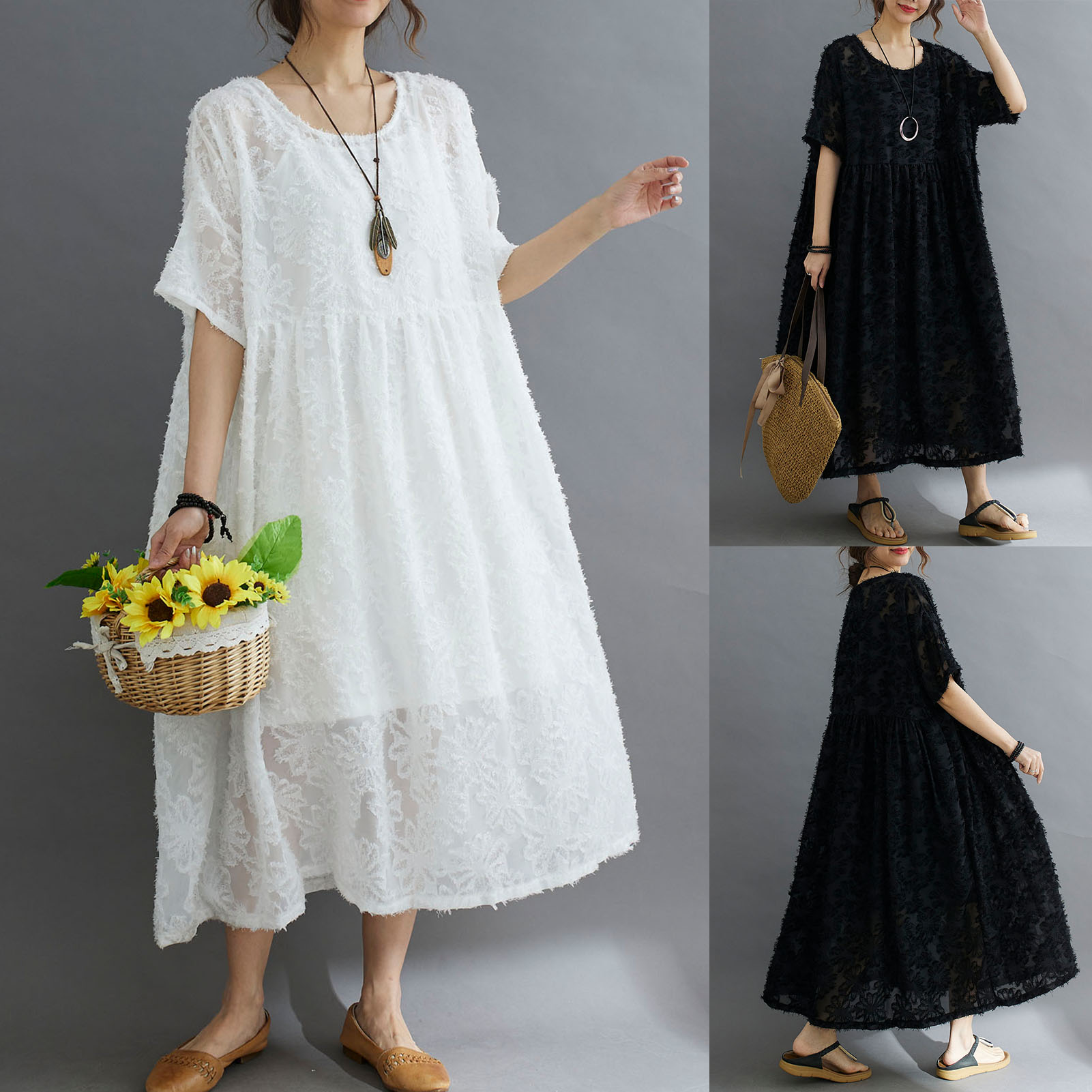 Women Floral Lace Dress Elegant Mid-Calf Loose O-Neck Short Sleeves Dress Plus Size