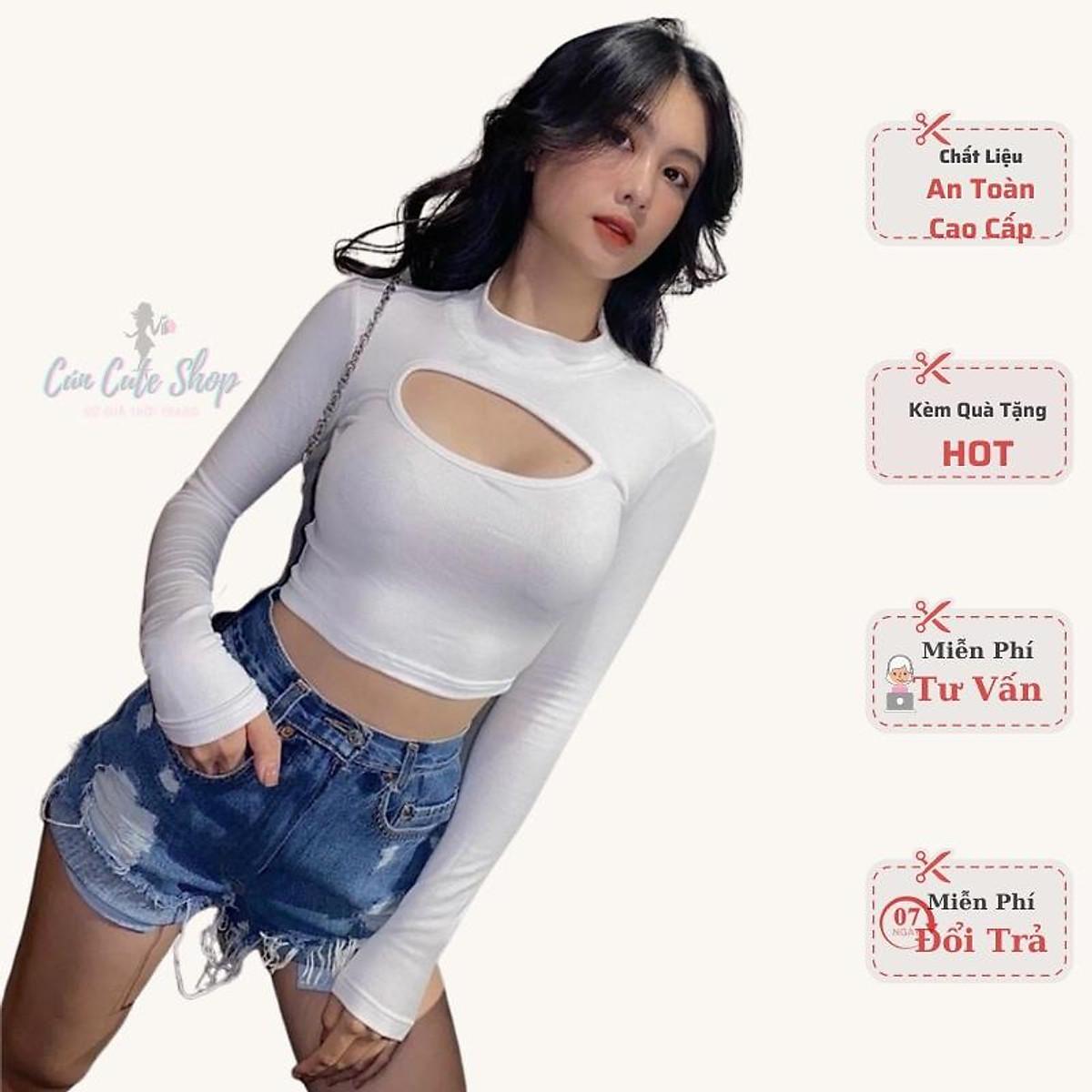 Áo Thun Nữ Dệt Kim Croptop Dài Tay Khoét Cổ Sexy Cho Nữ Dưới 55Kg Thời Trang
